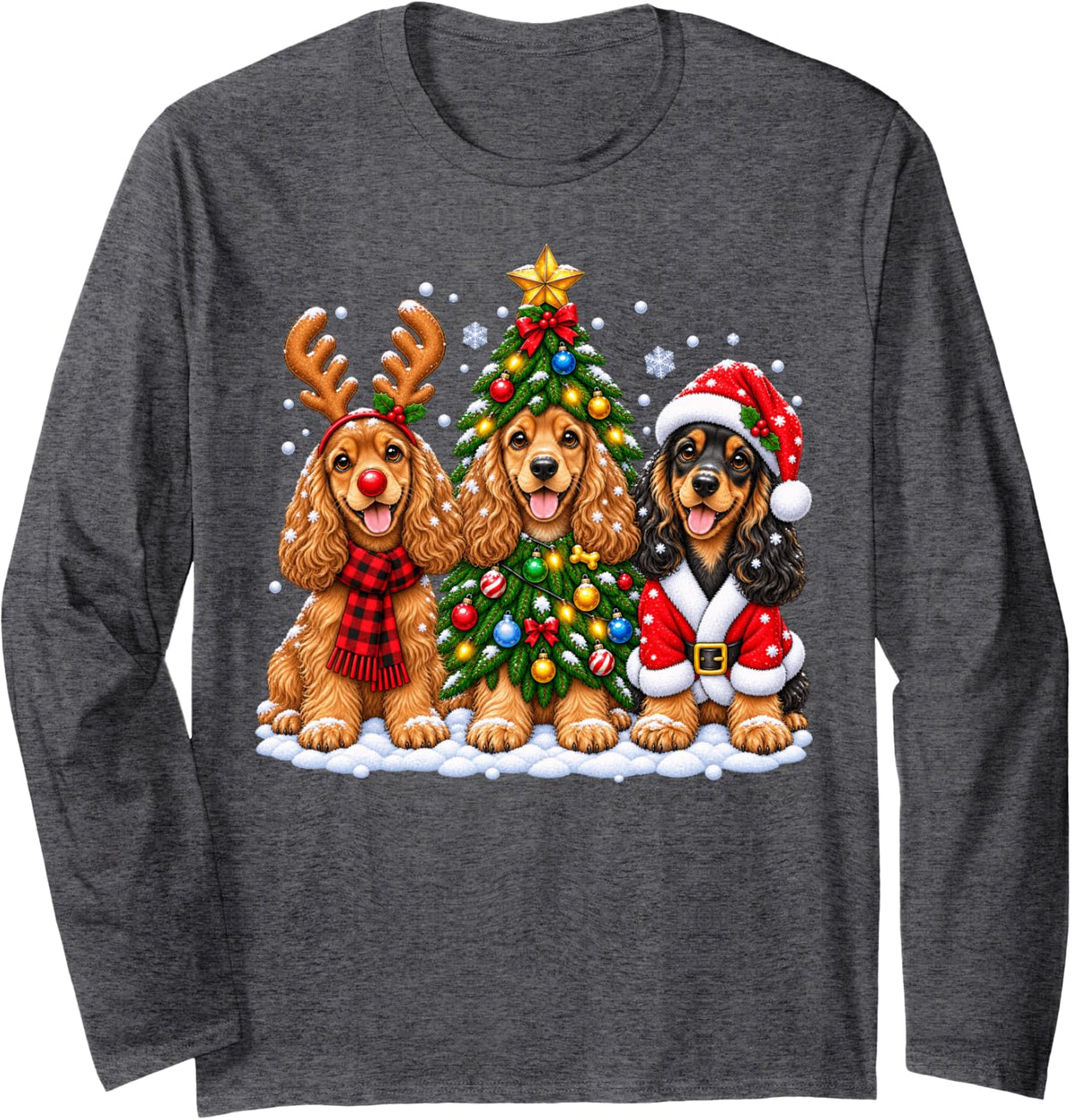 Cocker Spaniel Dog Merry Christmas Santa Hat Holidays Xmas Long Sleeve T-Shirt - Adult Unisex Dark Heather Grey