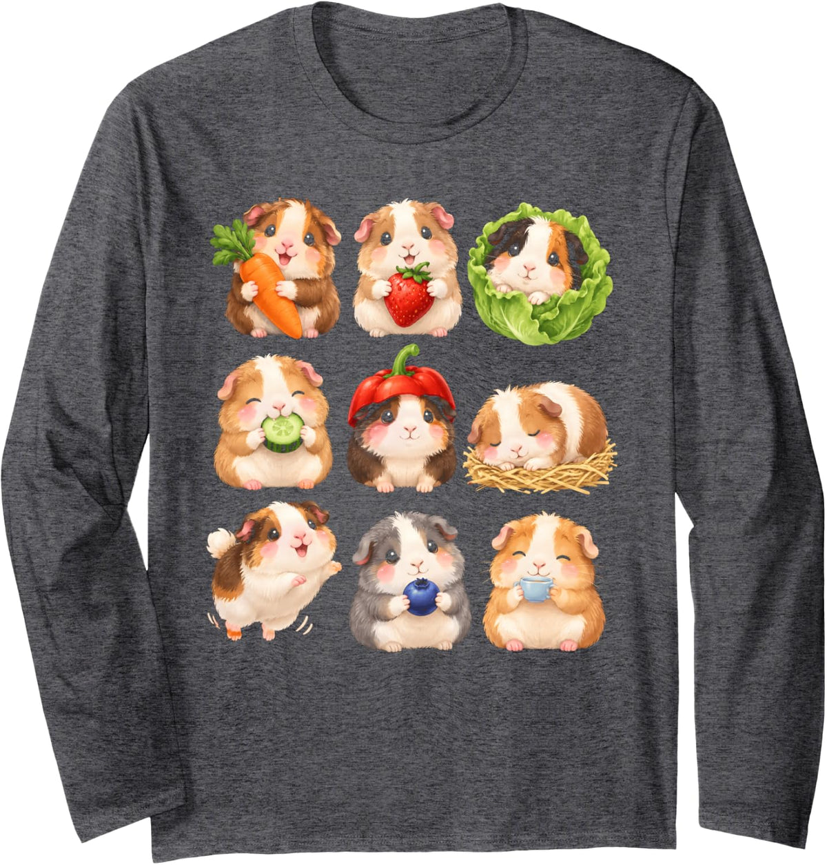 Kawaii Guinea Pig Snack Grid Cute Veggies Kids Long Sleeve T-Shirt - Adult Unisex Dark Heather Grey