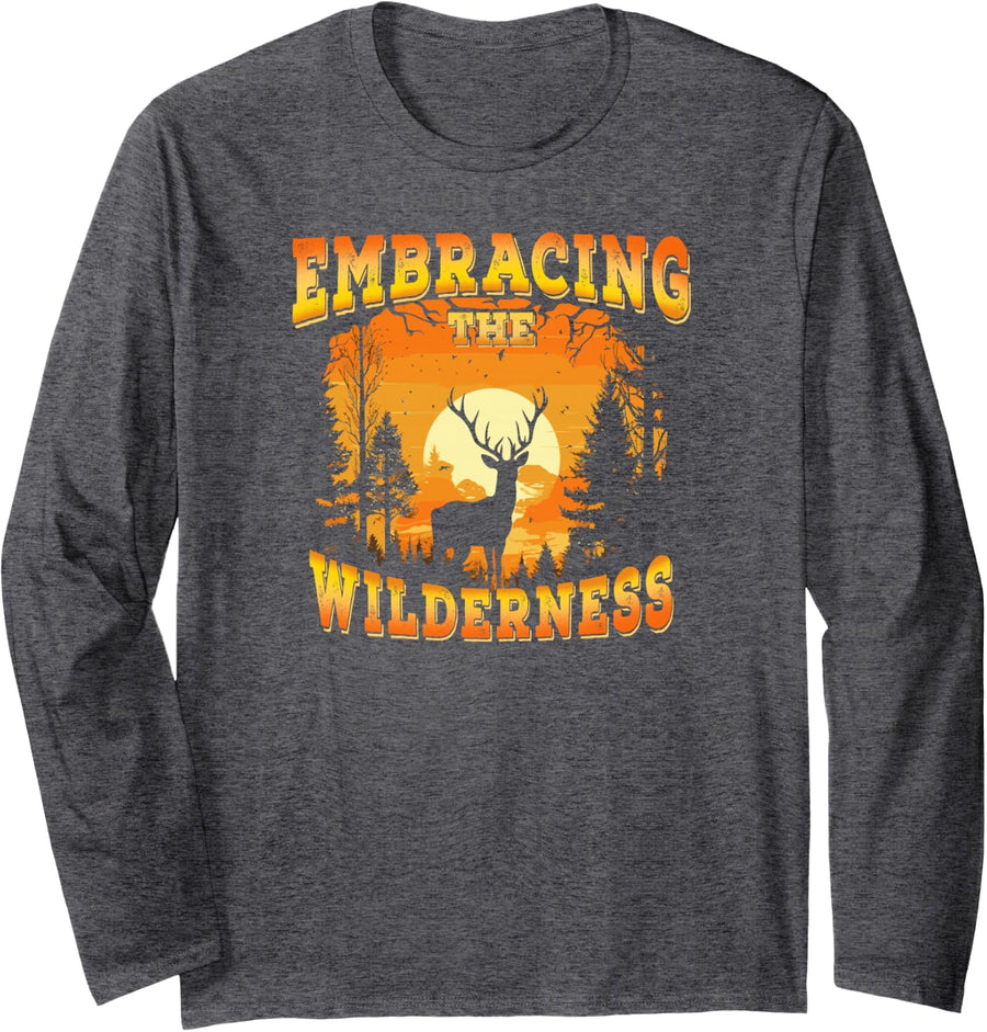 Deer Sunset Landscape Hunting Hunter Buck Long Sleeve T-Shirt - Adult Unisex Dark Heather Grey