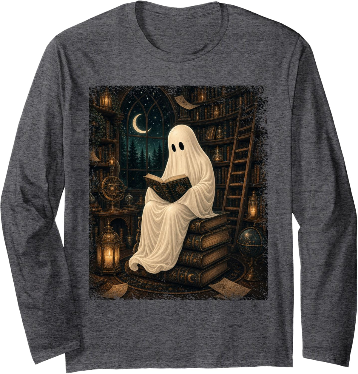 Whimsical Ghost Reading Books Lover Library Spooky Halloween Long Sleeve T-Shirt - Adult Unisex Dark Heather Grey