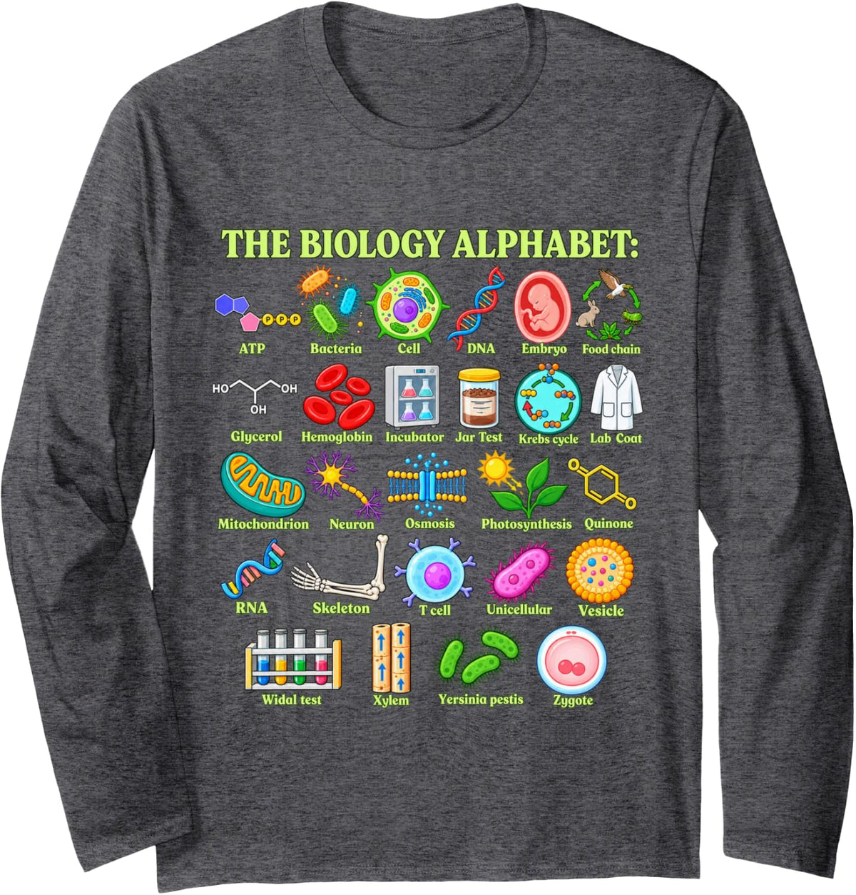 The Biology Alphabet Teacher Science Student Long Sleeve T-Shirt - Adult Unisex Dark Heather Grey