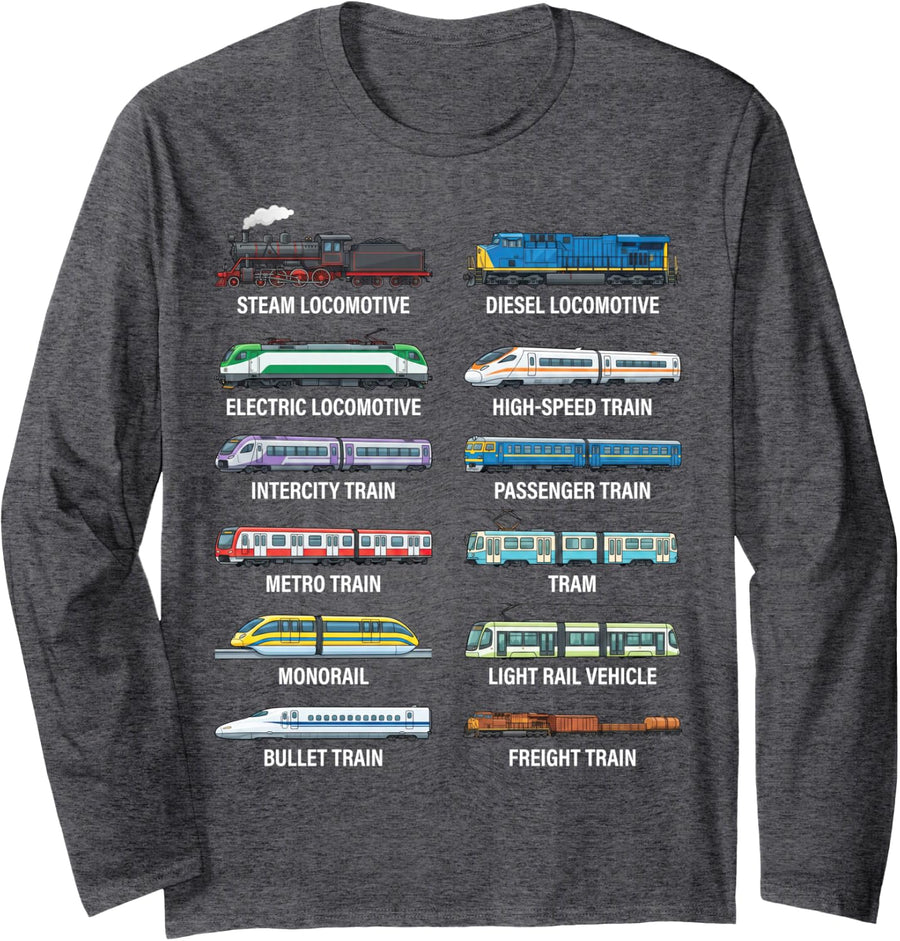 Types of Trains Educational Railway Vehicles Chart for Kids Long Sleeve T-Shirt - Adult Unisex Dark Heather Grey