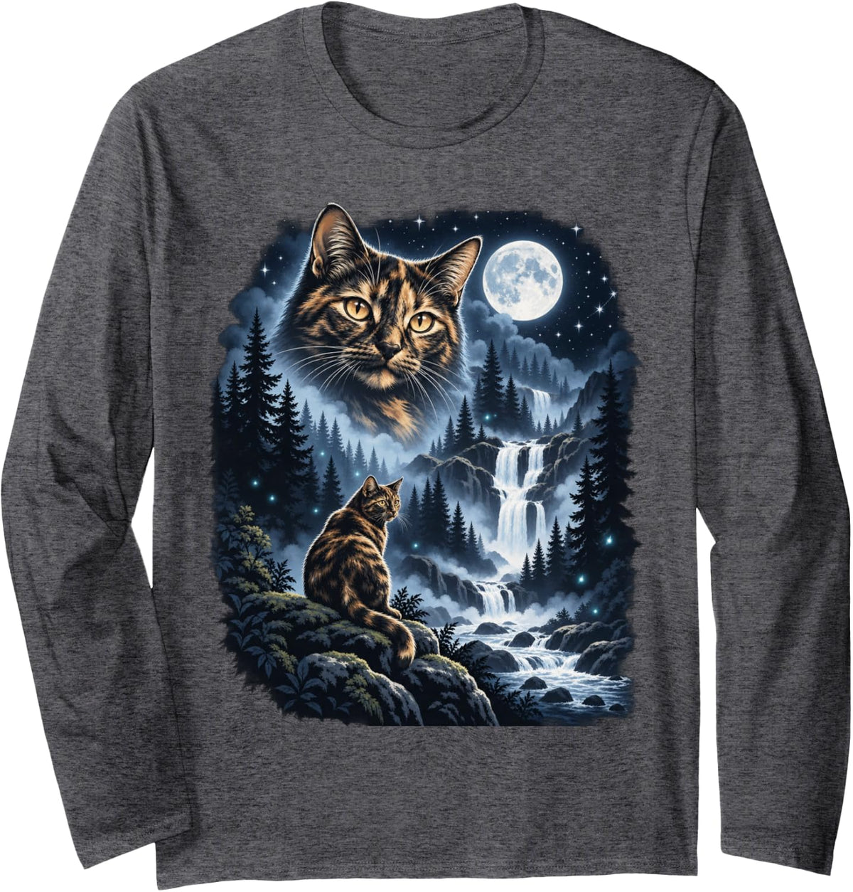 Tortoiseshell Tabby Spirit Cat Night Forest Long Sleeve T-Shirt - Adult Unisex Dark Heather Grey