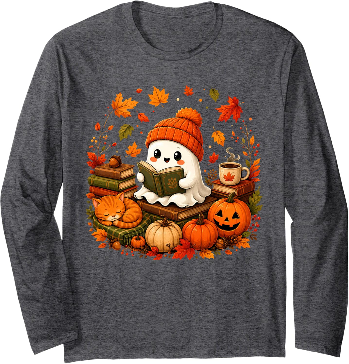 Ghost Reading Book Lovers Coffee Autumn Fall Cat Halloween Long Sleeve T-Shirt - Adult Unisex Dark Heather Grey