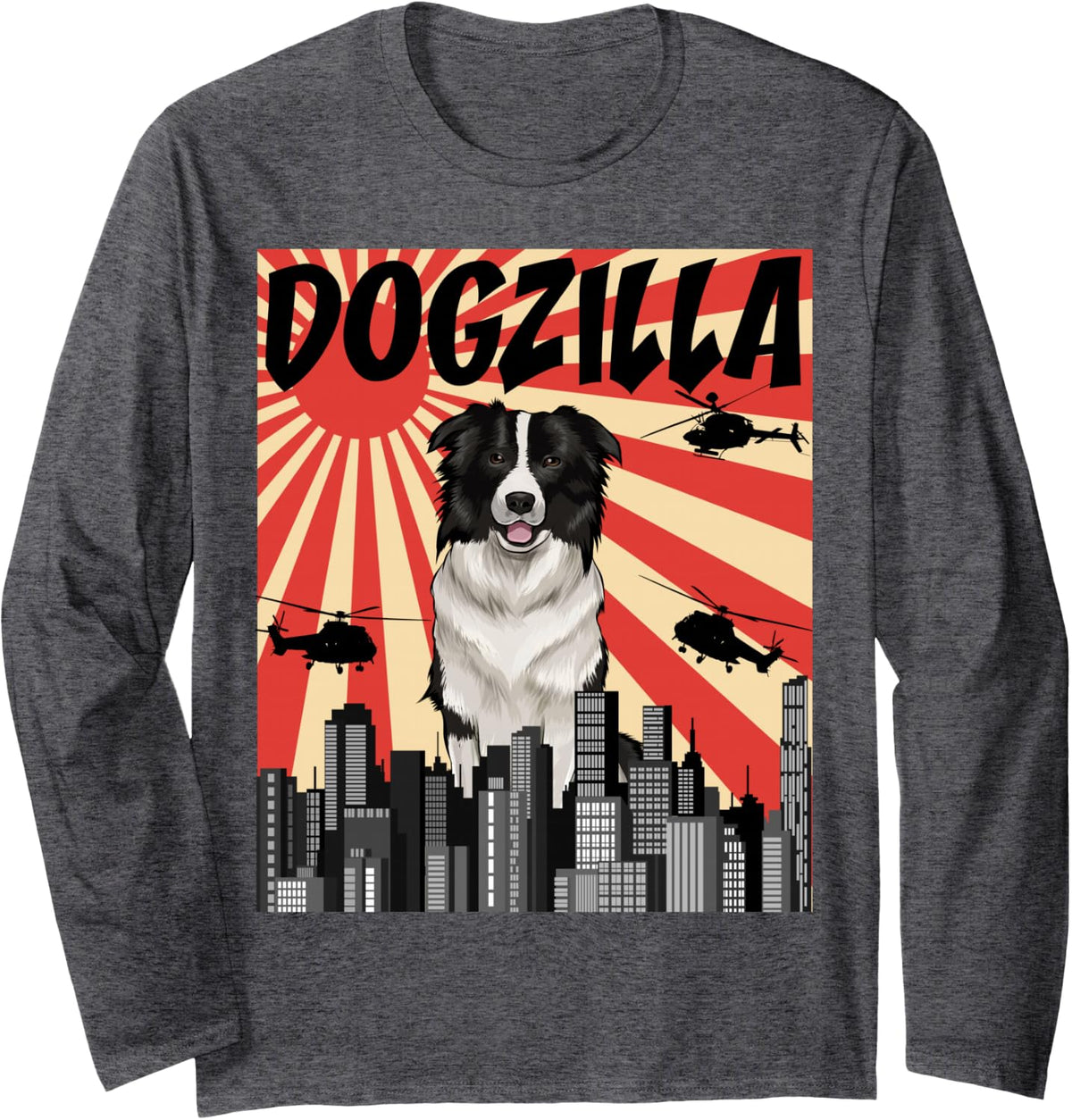 Japanese Dogzilla Dog Border Collie Long Sleeve T-Shirt - Adult Unisex Dark Heather Grey