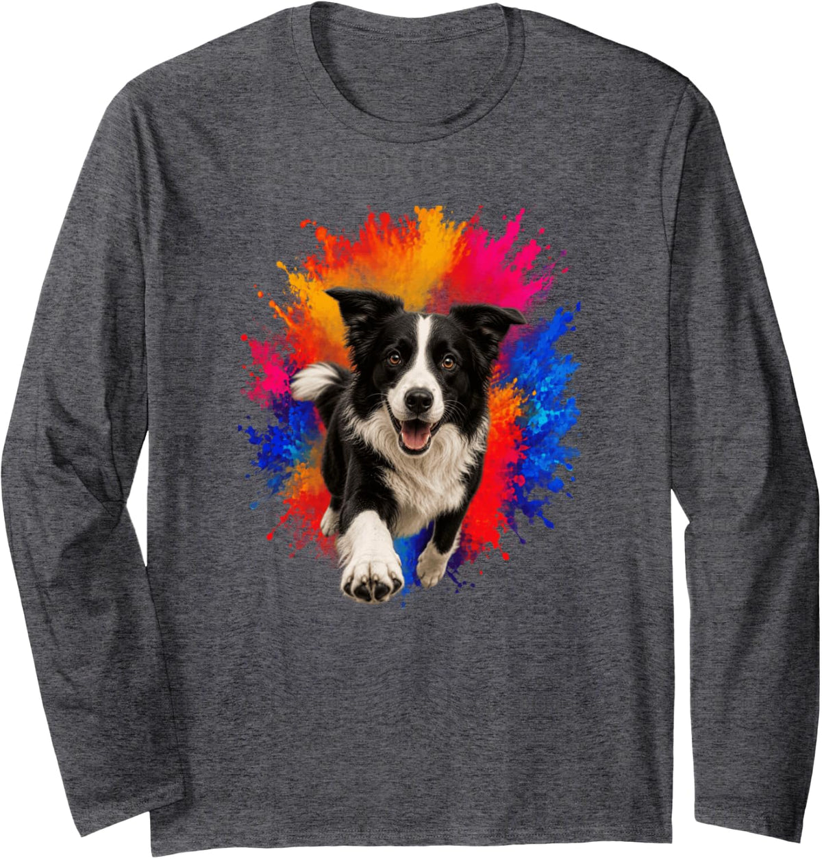 Border Collie Color Splash Dog Art Long Sleeve T-Shirt - Adult Unisex Dark Heather Grey