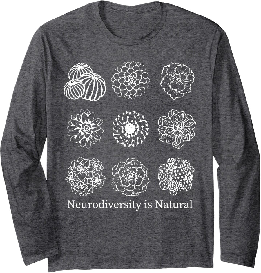 Retro Neurodiversity is Natural Cactus Succulent ADHD Autism Long Sleeve T-Shirt - Adult Unisex Dark Heather Grey