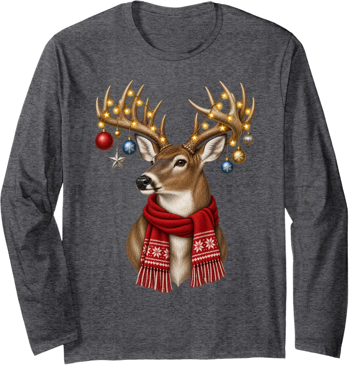 Whitetail Buck Deer Christmas Star Lights Scarf Xmas Holiday Long Sleeve T-Shirt - Adult Unisex Dark Heather Grey