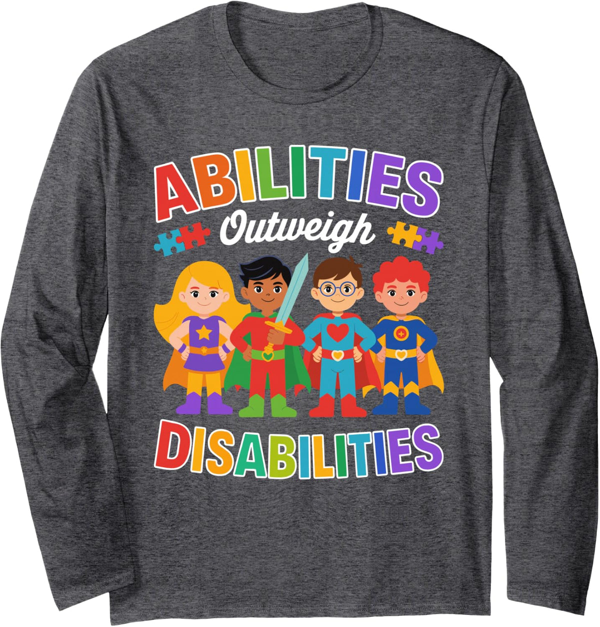 Abilities Outweigh Disabilities Autism Awareness Teacher Long Sleeve T-Shirt - Adult Unisex Dark Heather Grey