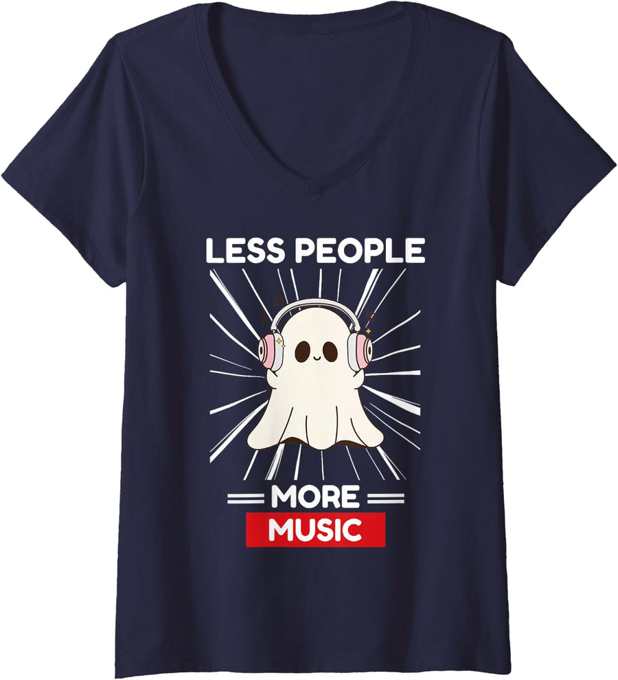 Women's Cute Kawaii Ghost Less People More Music Lover V-Neck T-Shirt - Navy Blue