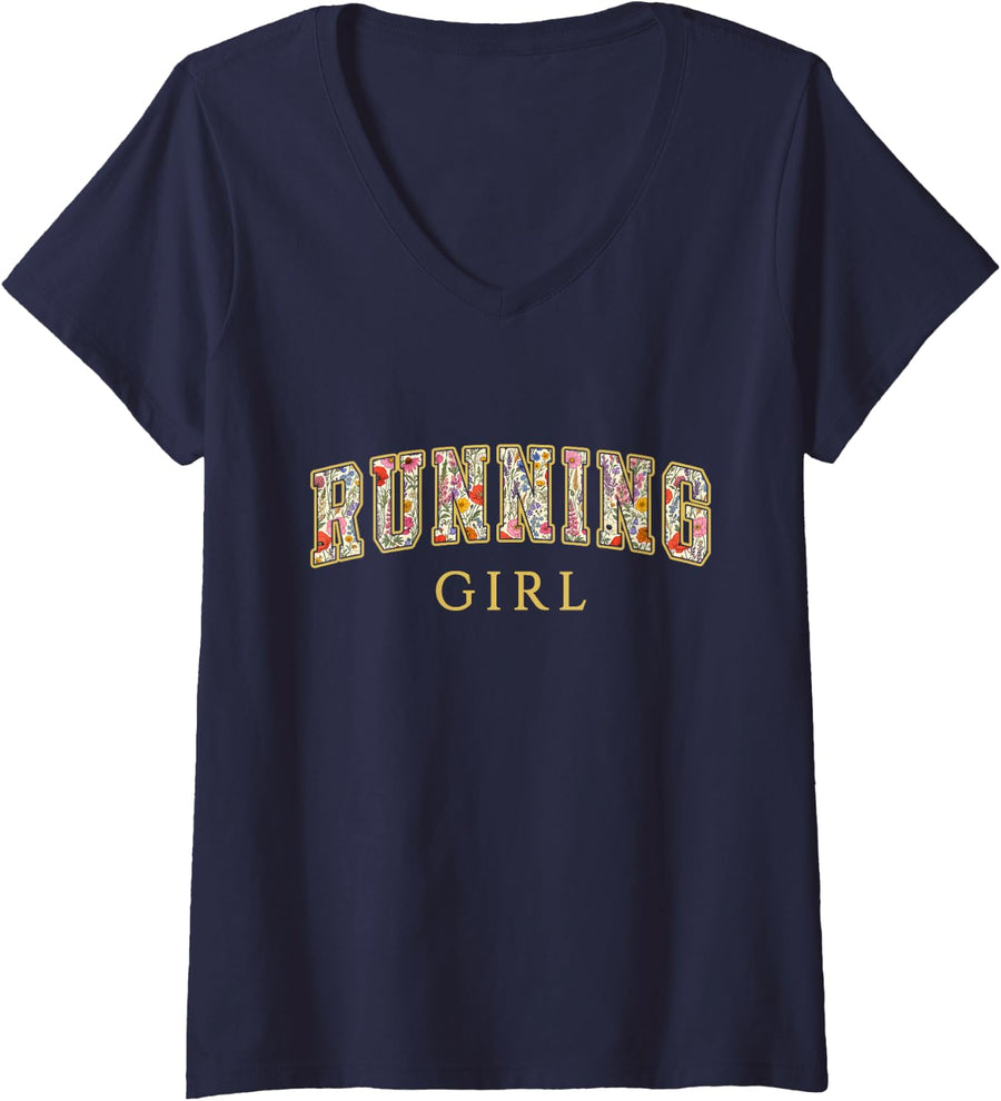 Women's Running Girl Wildflower Varsity Letters Runner Track V-Neck T-Shirt - Navy Blue