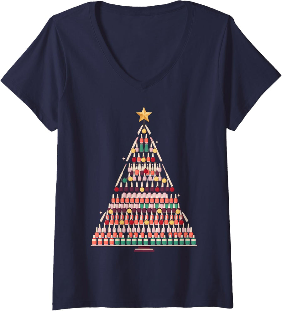 Women's Nail Tech Christmas Tree V-Neck T-Shirt - Navy Blue