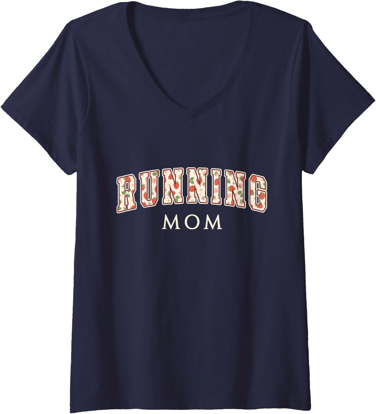 Women's Running Mom Strawberry Varsity Letters Runner Mama V-Neck T-Shirt - Navy Blue