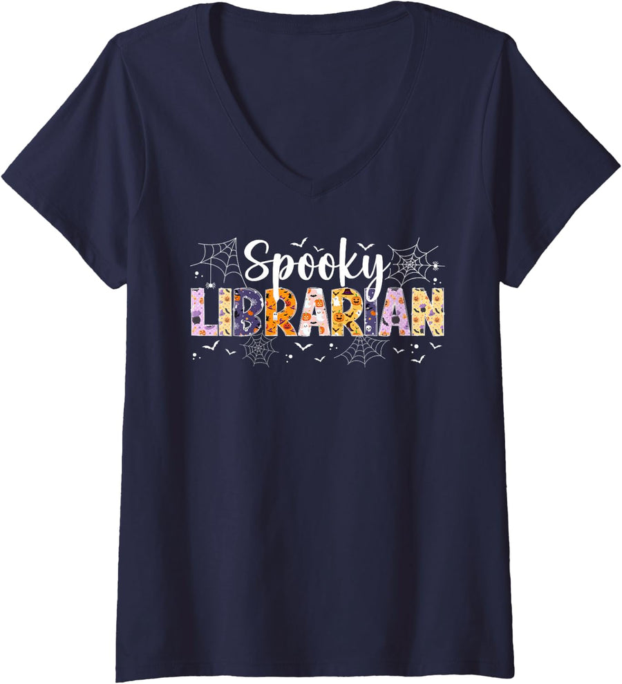 Women's Spooky Librarian Halloween School Library Worker V-Neck T-Shirt - Navy Blue