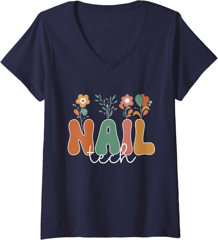 Women's Nail Tech Flower Nail Tech V-Neck T-Shirt - Navy Blue