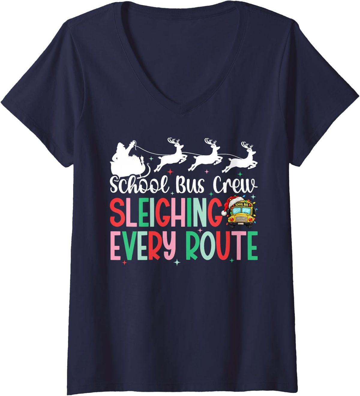 Women's School Bus Crew Christmas School Bus Driver Xmas Party V-Neck T-Shirt - Navy Blue