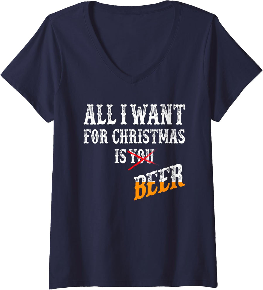 Women's Funny I Want Beer for Christmas Holiday Festive Drinking V-Neck T-Shirt - Navy Blue