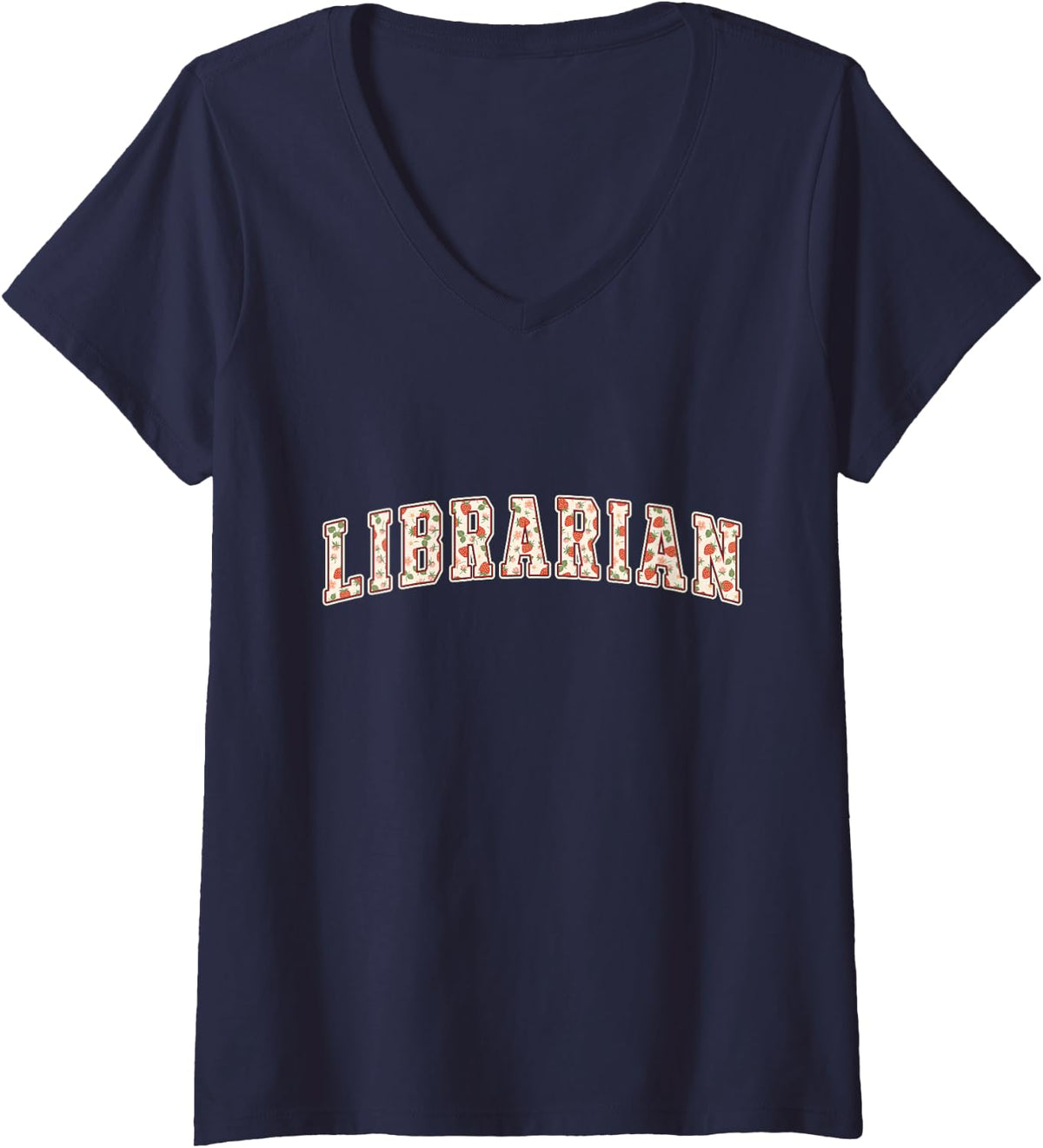Women's Librarian Strawberry Varsity Letters Book Lover Library V-Neck T-Shirt - Navy Blue