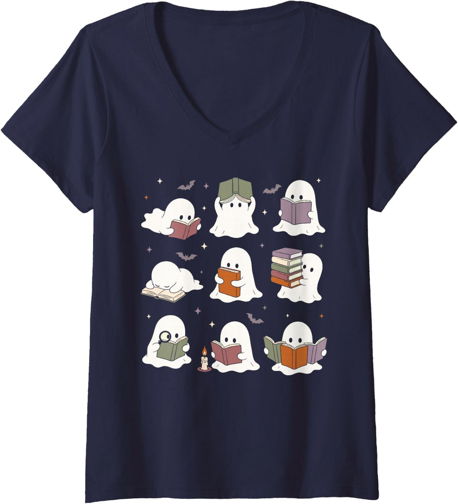 Women's Cute Horror Book Lover Ghosts Reading Books V-Neck T-Shirt - Navy Blue