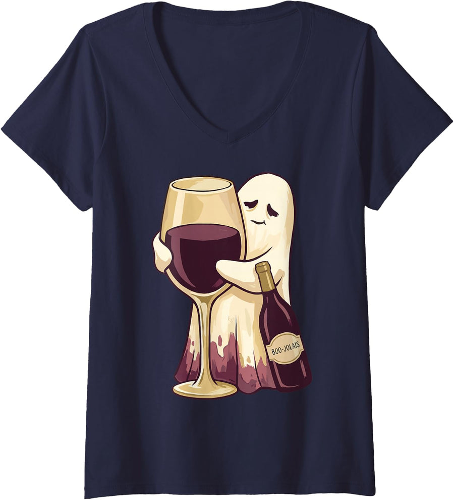 Women's Ghost Boo Jolais Funny Halloween Wine Lover Humor Pun Witch V-Neck T-Shirt - Navy Blue