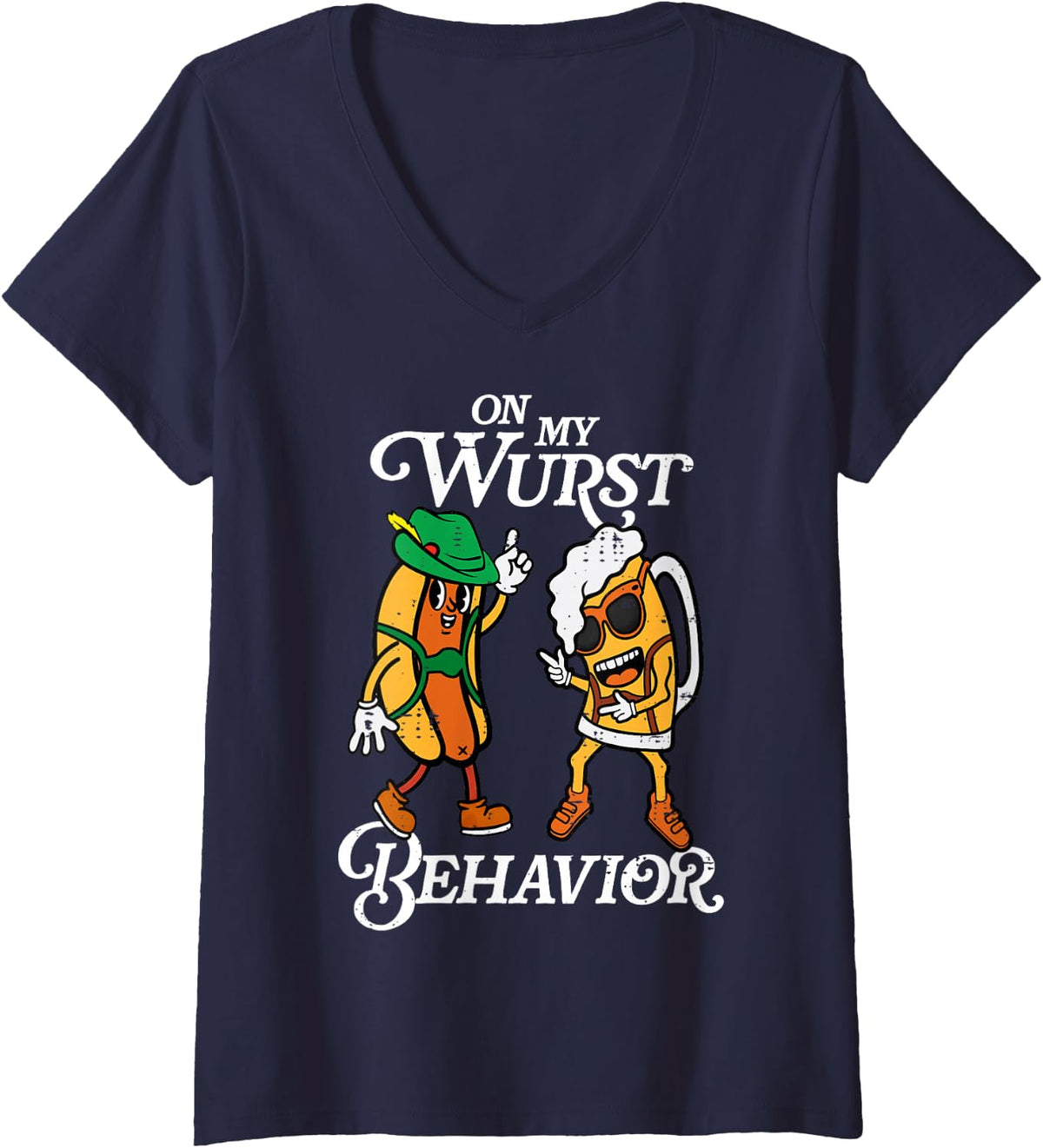 Women's Oktoberfest On My Wurst Behavior Funny German Men Women V-Neck T-Shirt - Navy Blue