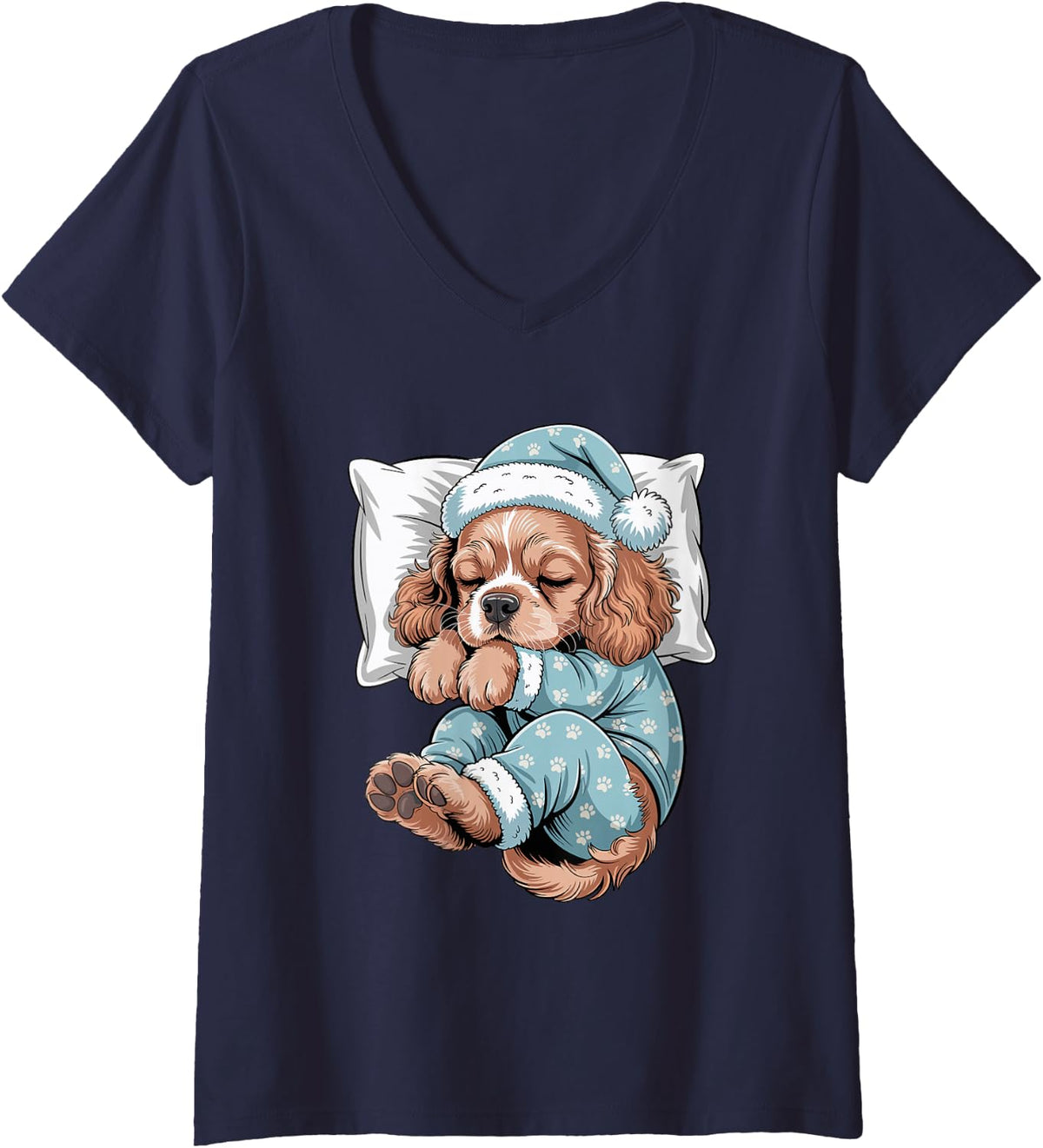 Women's Funny Sleepy Cocker Spaniel Pajama Dog Lover Men Woman Kids V-Neck T-Shirt - Navy Blue