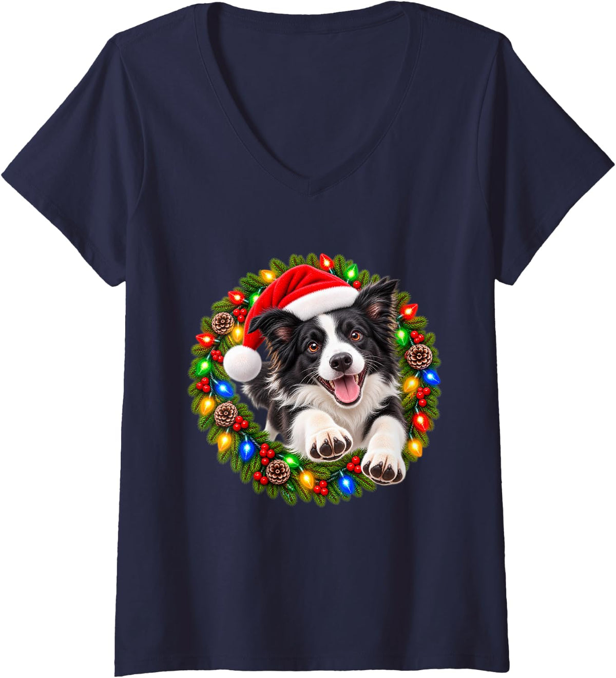 Women's Border Collie Christmas Jumping Through Wreath Santa Dog V-Neck T-Shirt - Navy Blue