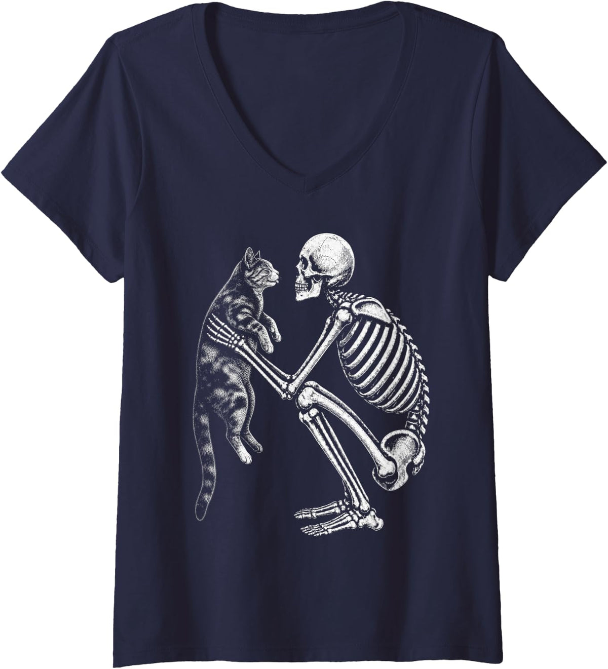 Women's Skeleton Holding Tortoiseshell Cat Retro Halloween Tortie V-Neck T-Shirt - Navy Blue