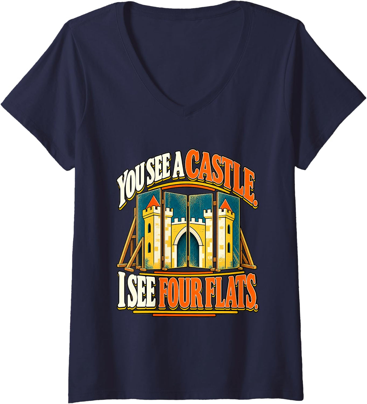 Women's Theater Scenic Construction Castle Set V-Neck T-Shirt - Navy Blue