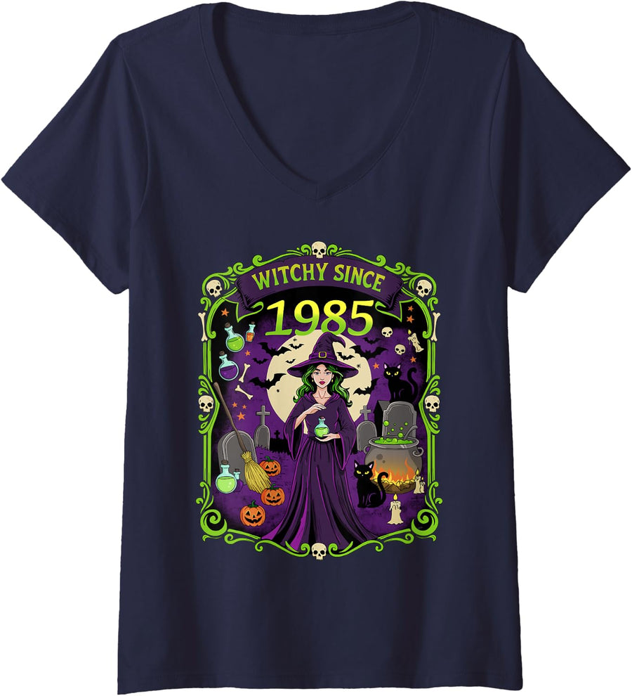 Women's Witchy Since 1985 October Baby Born 80s Halloween V-Neck T-Shirt - Navy Blue
