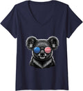 Women's Koala Bear American Flag 4th of July Funny Koala Lover V-Neck T-Shirt - Navy Blue