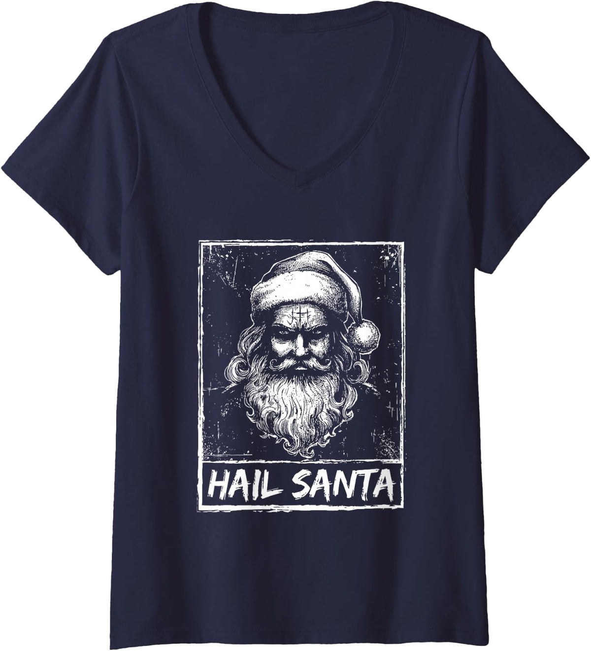 Women's Hail Santa Winter Solstice Xmas Party Gothic Christmas V-Neck T-Shirt - Navy Blue