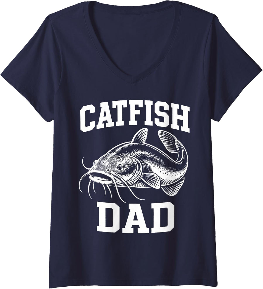 Women's Dad Catfish Angler Family Catfish Fishing V-Neck T-Shirt - Navy Blue