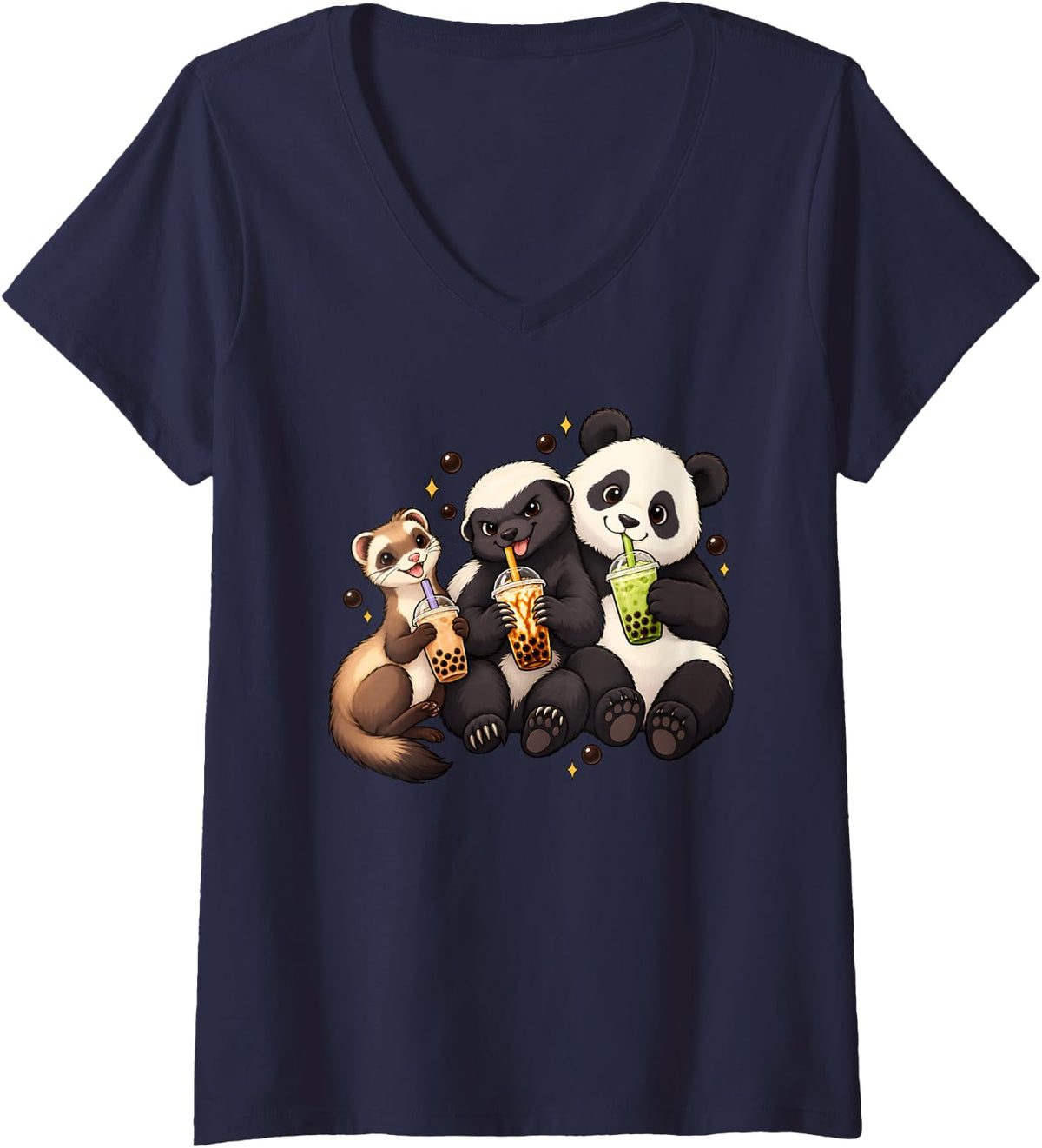 Women's Ferret Panda and Honey Badger Drinking Bubble Tea Kawaii V-Neck T-Shirt - Navy Blue