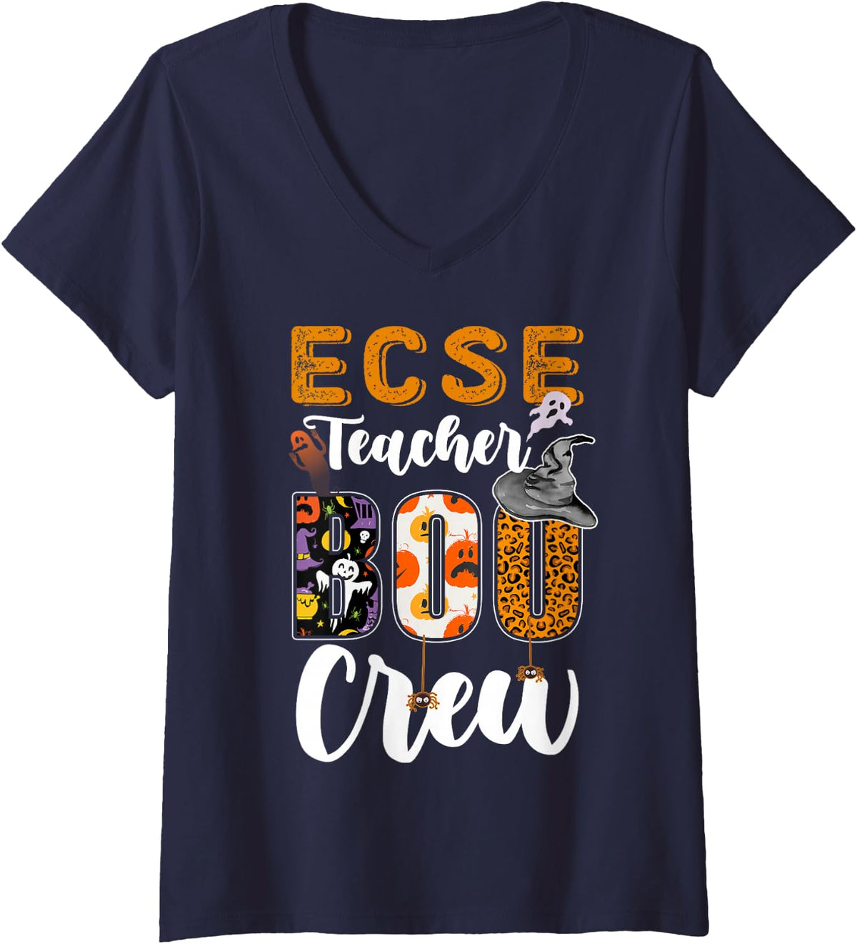 Women's ECSE Teacher Boo Crew Halloween Costume Matching V-Neck T-Shirt - Navy Blue