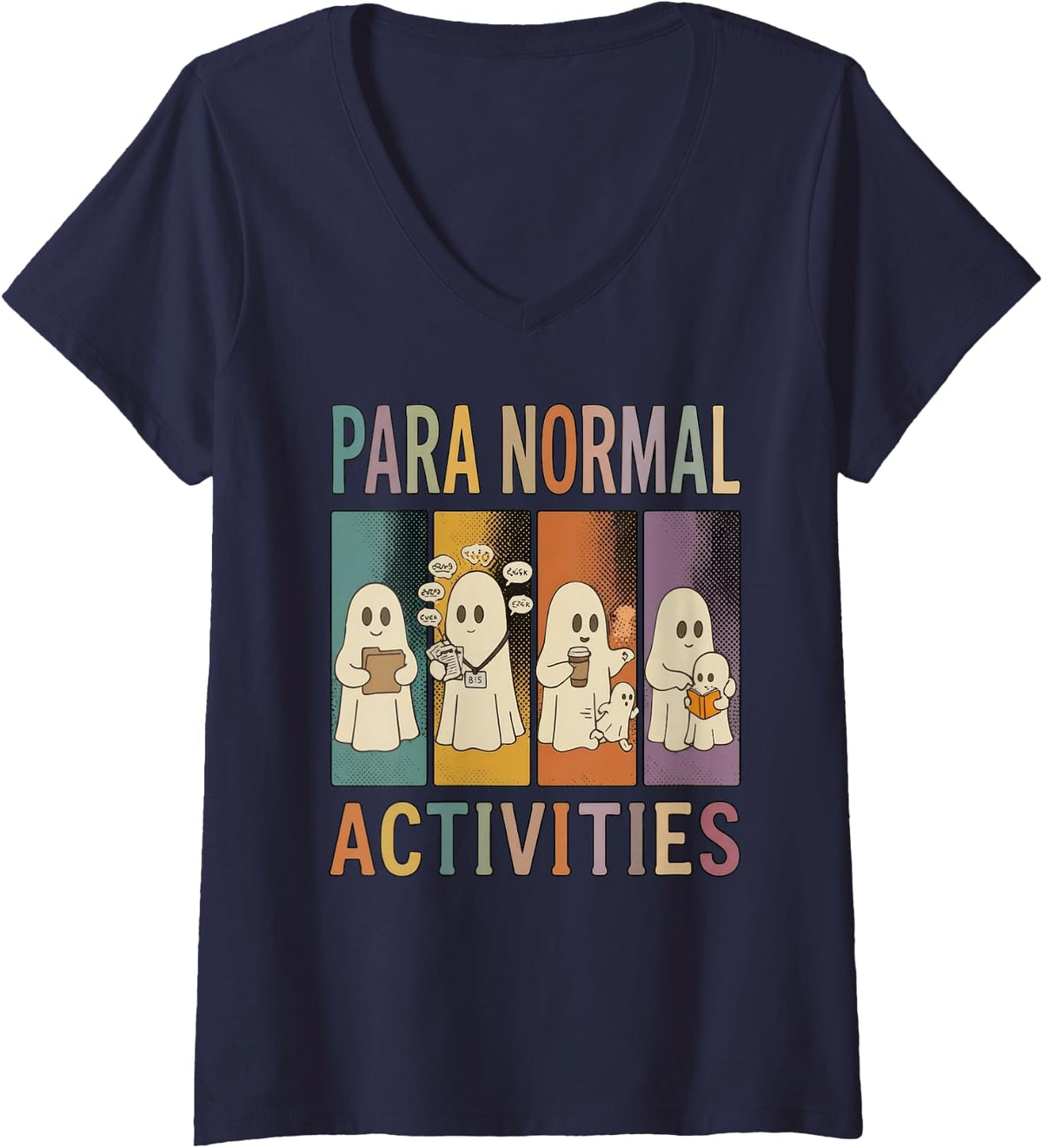 Women's para Normal Activities SPED Teachers Ghost Graphic V-Neck T-Shirt - Navy Blue