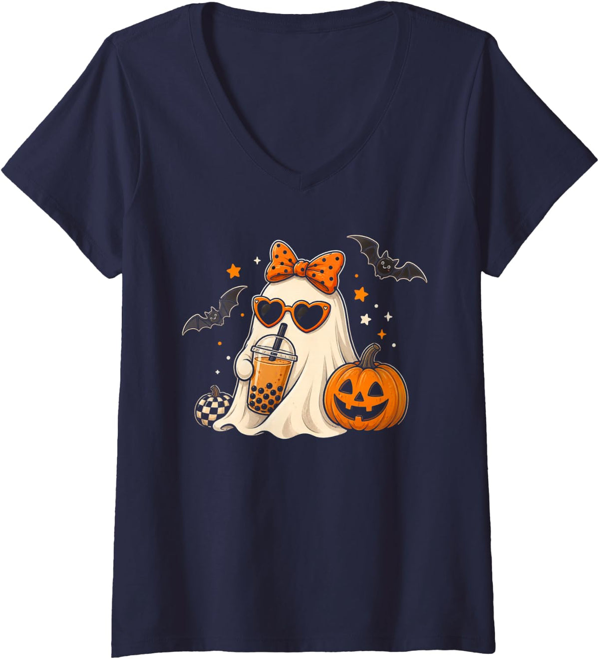 Women's Ghost Drinking Boba Tea Pumpkin Spooky Ghost Halloween V-Neck T-Shirt - Navy Blue