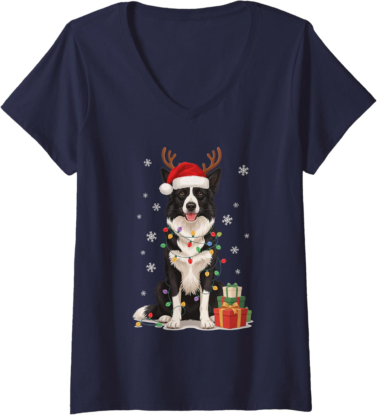 Women's Funny Festive Border Collie Christmas Santa Reindeer Dog Mom V-Neck T-Shirt - Navy Blue