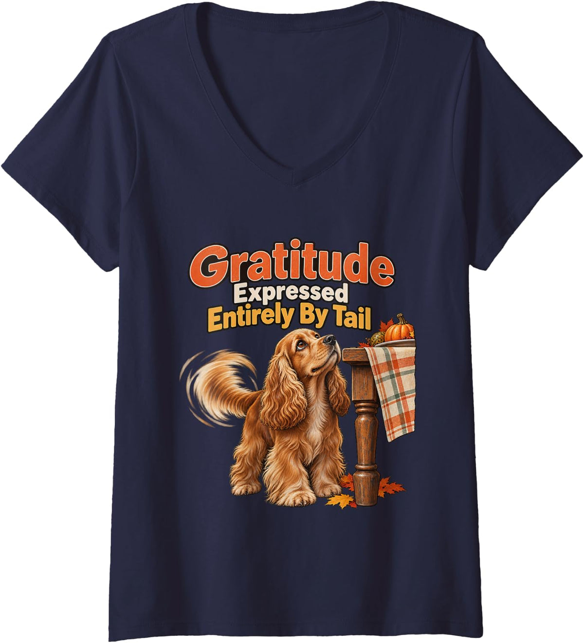 Women's Gratitude Expressed Entirely By Tail Cocker Spaniel Graphic V-Neck T-Shirt - Navy Blue