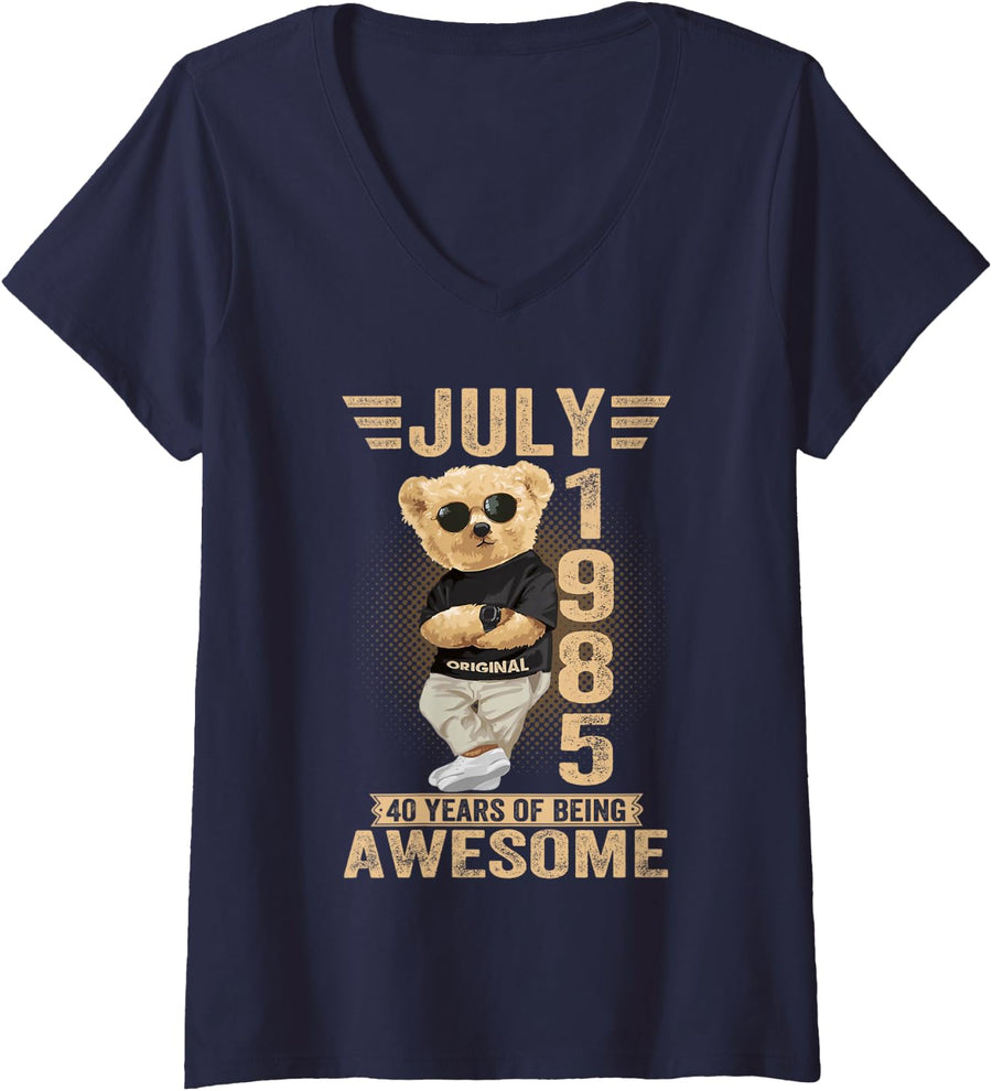 Women's July 40th Birthday Men Women 1985 Awesome Teddy Bear V-Neck T-Shirt - Navy Blue