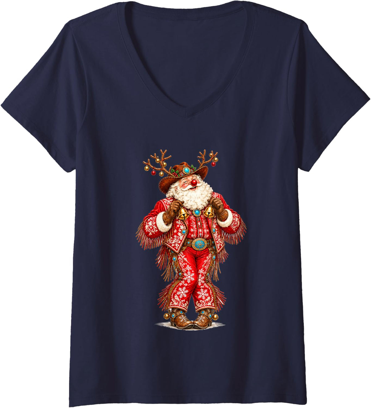 Women's Funny Western Christmas Cowboy Santa with Jingle Bells Xmas V-Neck T-Shirt - Navy Blue