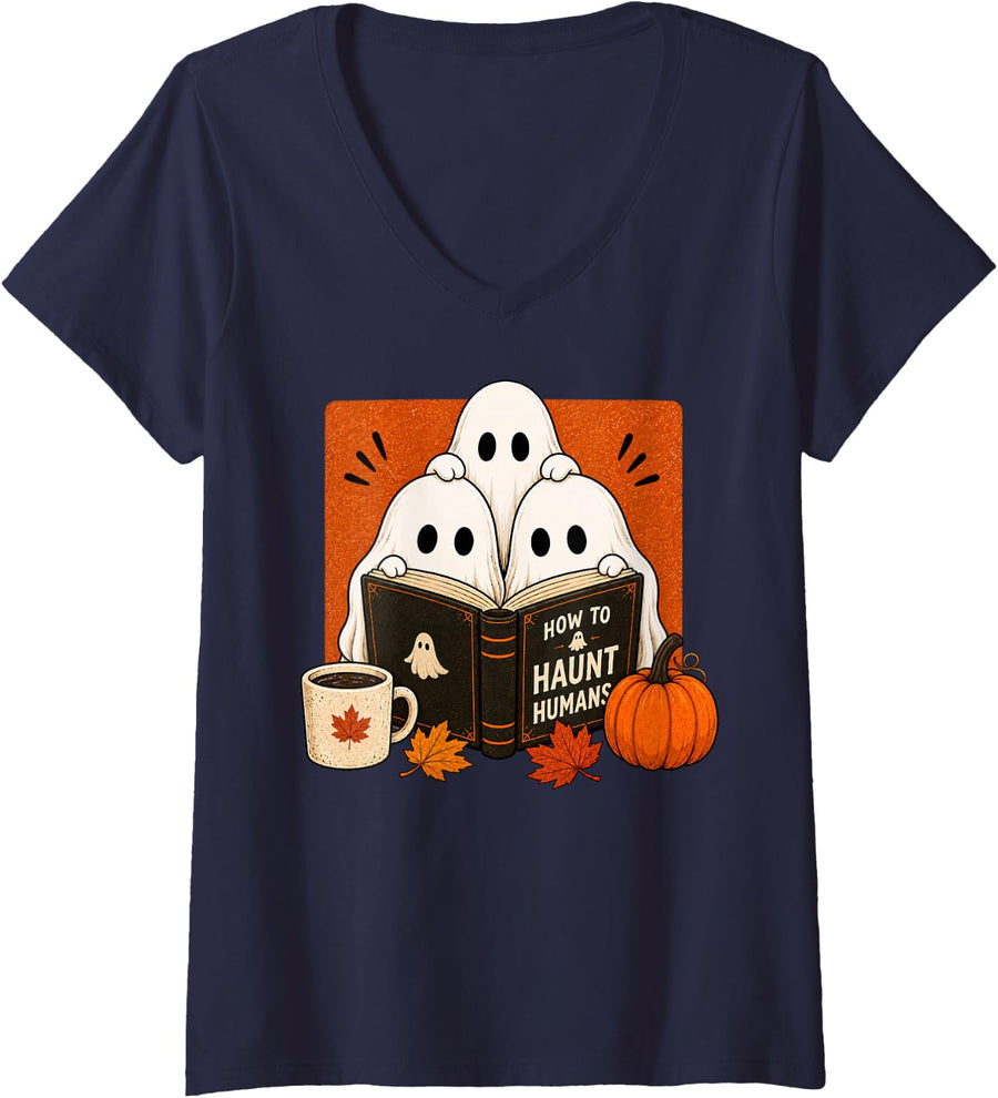 Women's Fall Reading Ghosts Cute Autumn Book Lover Reader for Women V-Neck T-Shirt - Navy Blue