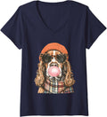Women's Fall Cocker Dog with Sunglasses and Bubblegum Cozy Autumn V-Neck T-Shirt - Navy Blue