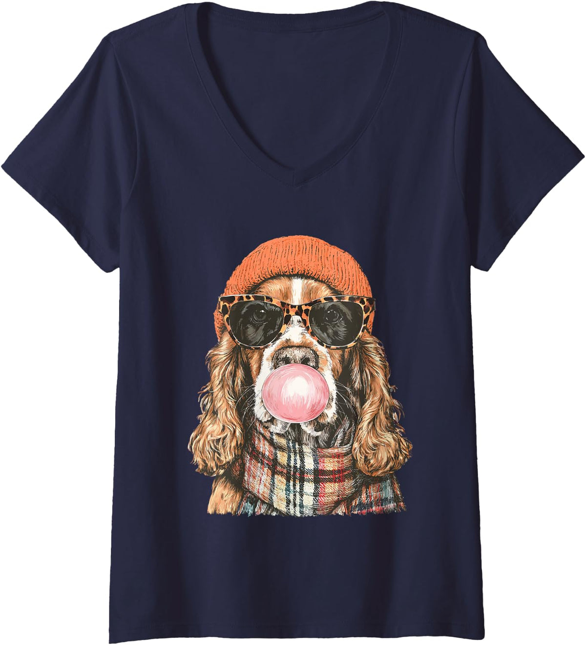 Women's Fall Cocker Dog with Sunglasses and Bubblegum Cozy Autumn V-Neck T-Shirt - Navy Blue