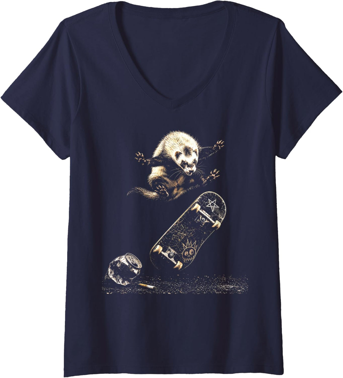 Women's Skater Skateboarding Sk8 the Ferret Punk Rock Skull V-Neck T-Shirt - Navy Blue