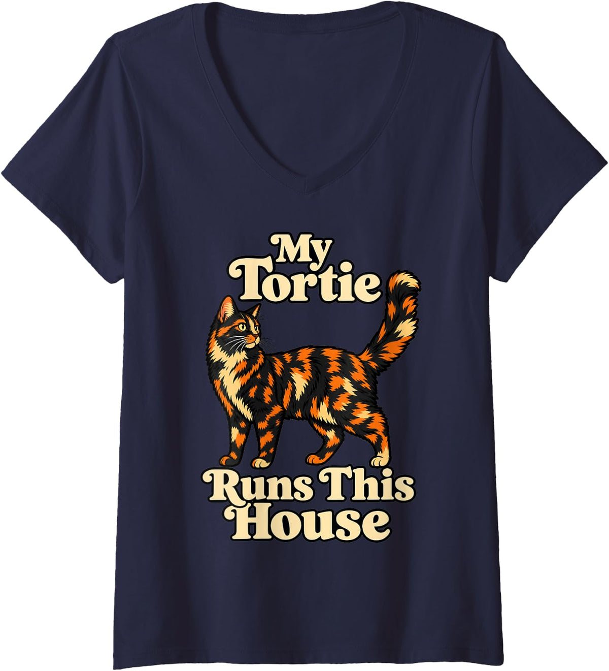 Women's Tortoiseshell Cat My Tortie Runs This House Cat Lover V-Neck T-Shirt - Navy Blue