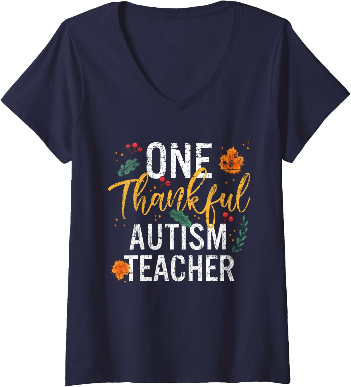 Women's One Thankful Autism Teacher Thanksgiving Vintage V-Neck T-Shirt - Navy Blue