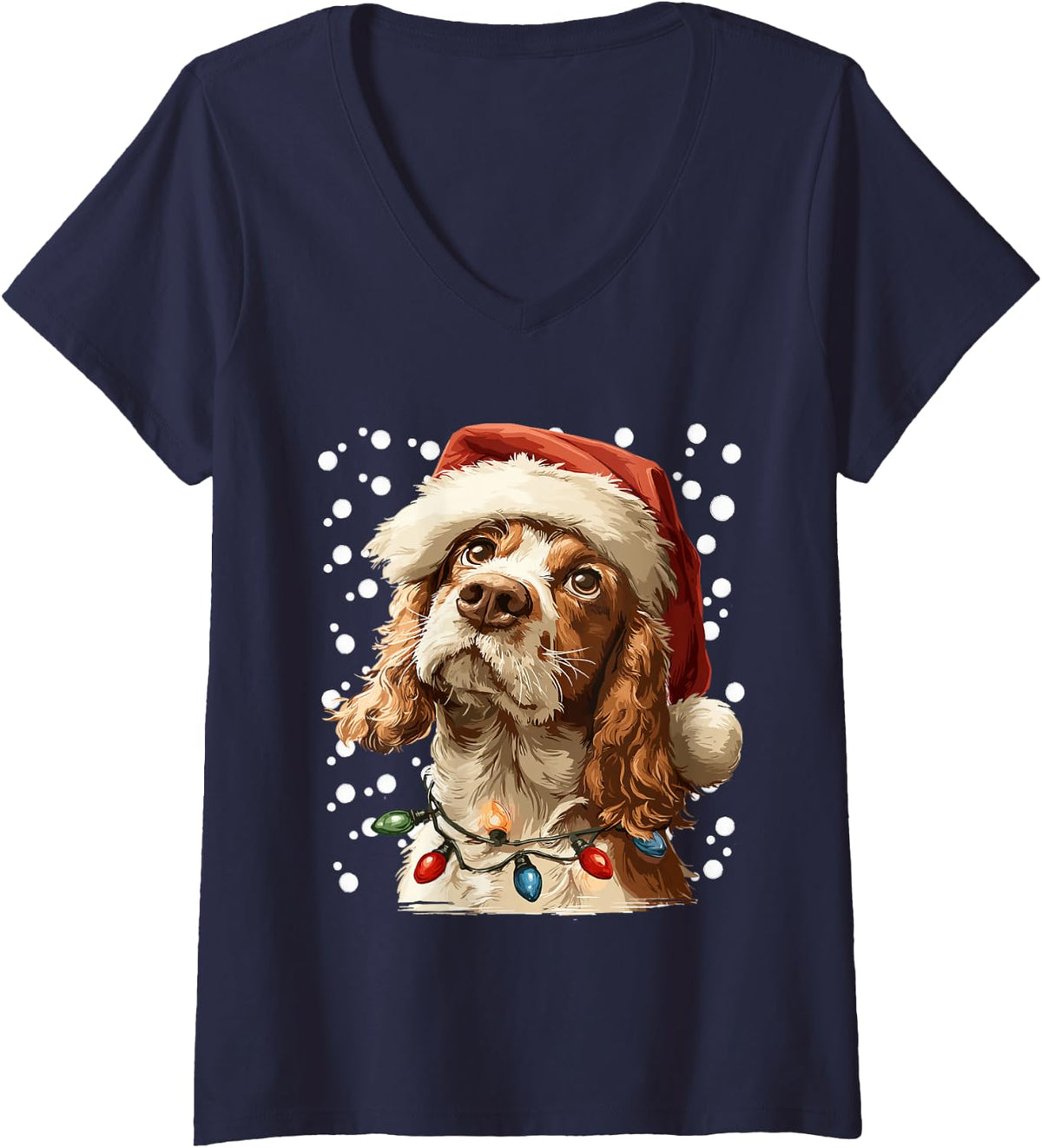 Women's Christmas Cocker with Santa Hat Festive Lights and Snow Xmas V-Neck T-Shirt - Navy Blue