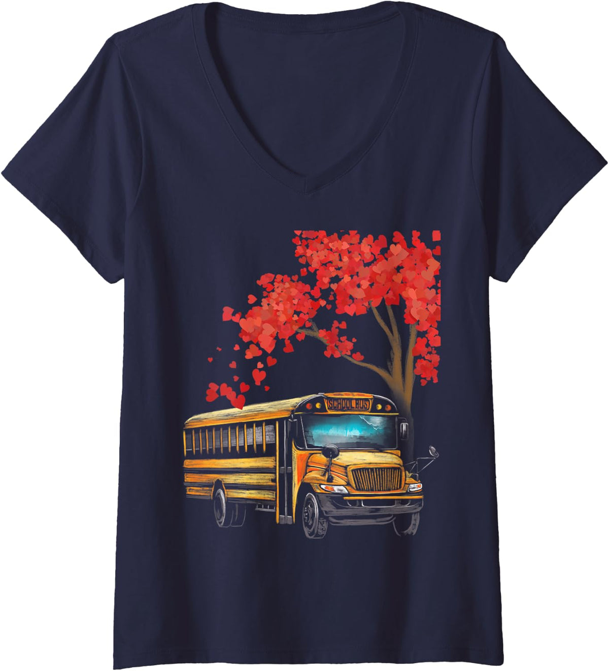 Women's Yellow School Bus Valentines Day School Bus Driver Conductor V-Neck T-Shirt - Navy Blue