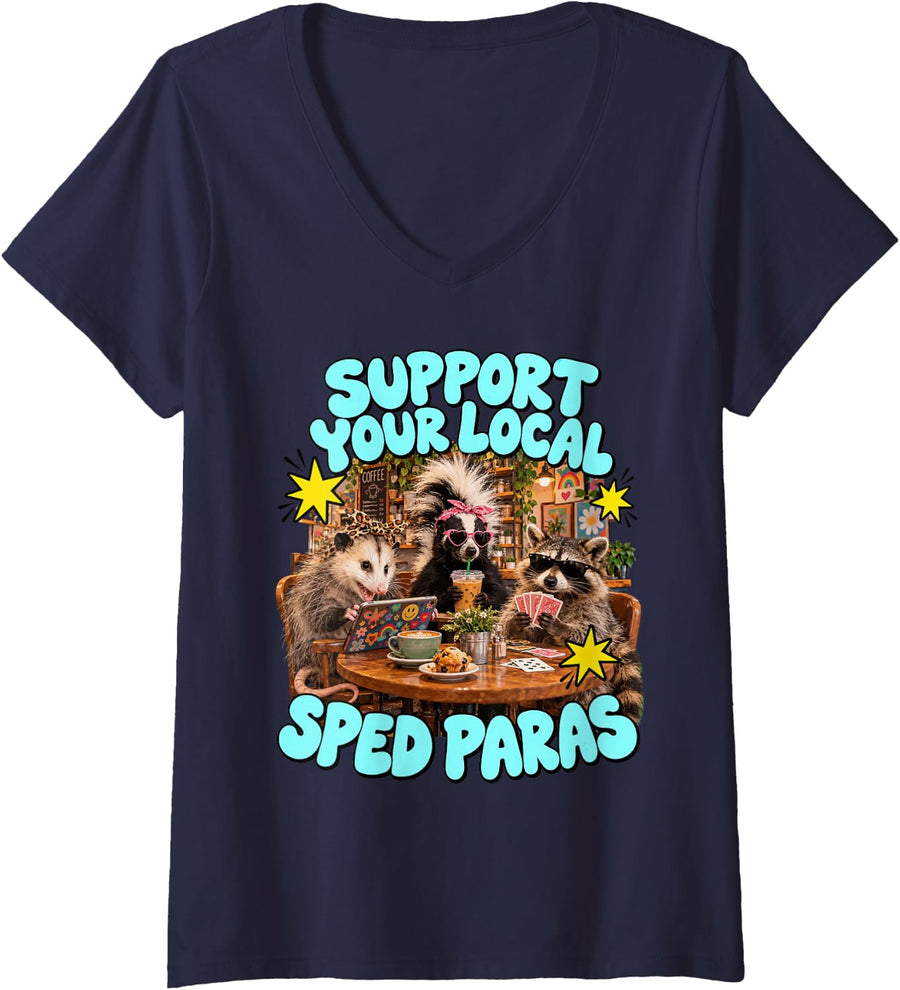 Women's Cute Support Your Local Sped Paras Special Needs Educator V-Neck T-Shirt - Navy Blue